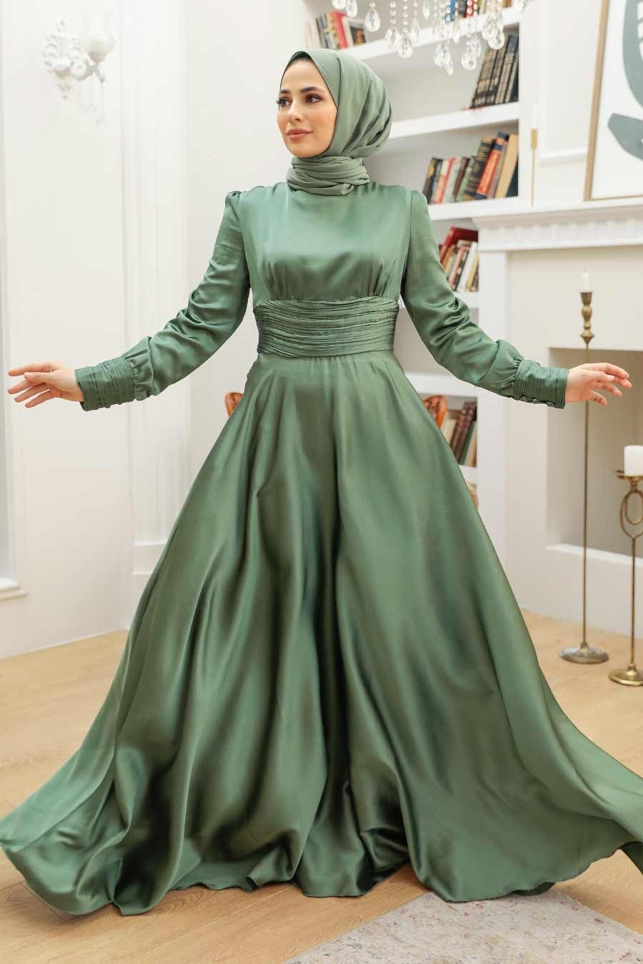 Green Ruched Waisted Satin Gown