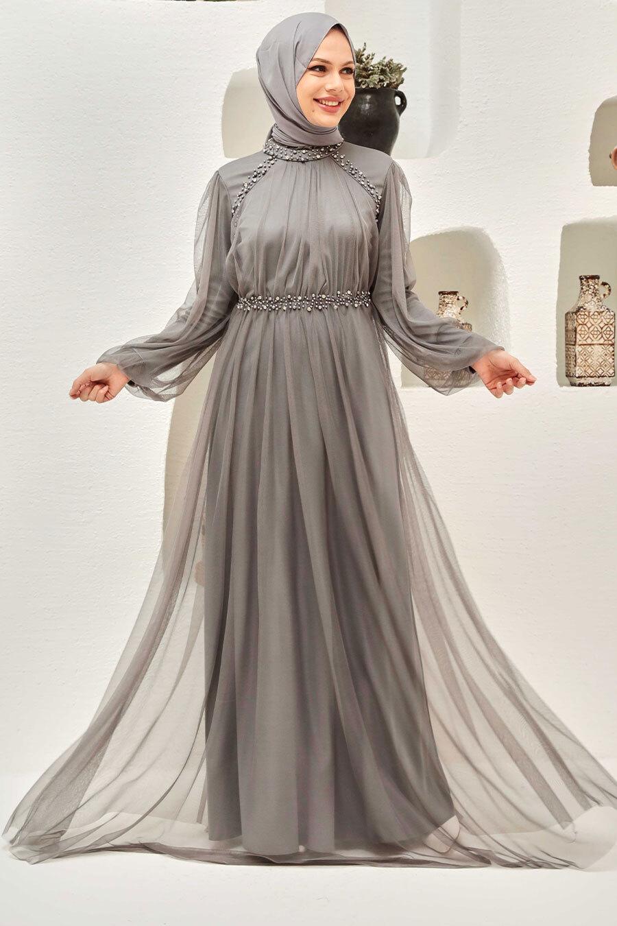 Urban Modesty - Grey Pearl and Star Studded Gown