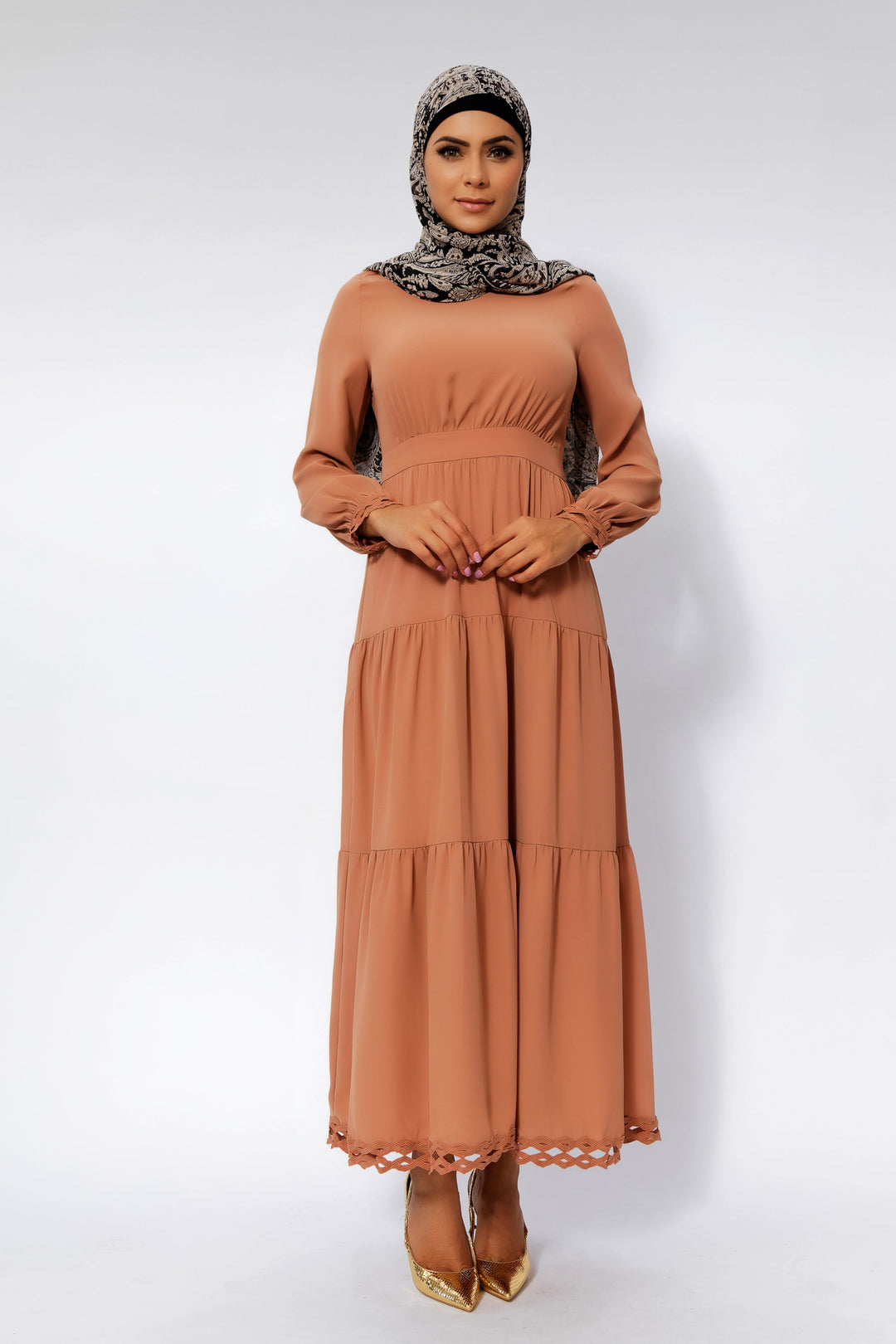 Urban Modesty - Hazelnut Lace Tiered Maxi Dress