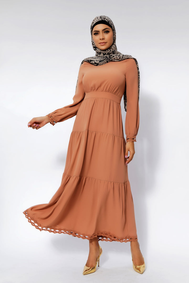 Urban Modesty - Hazelnut Lace Tiered Maxi Dress