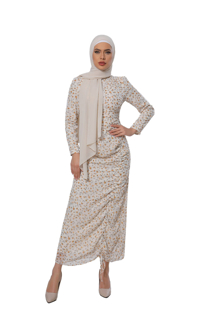 Urban Modesty - Hello Yellow Daisy Ruched Floral Long Sleeve Maxi Dress