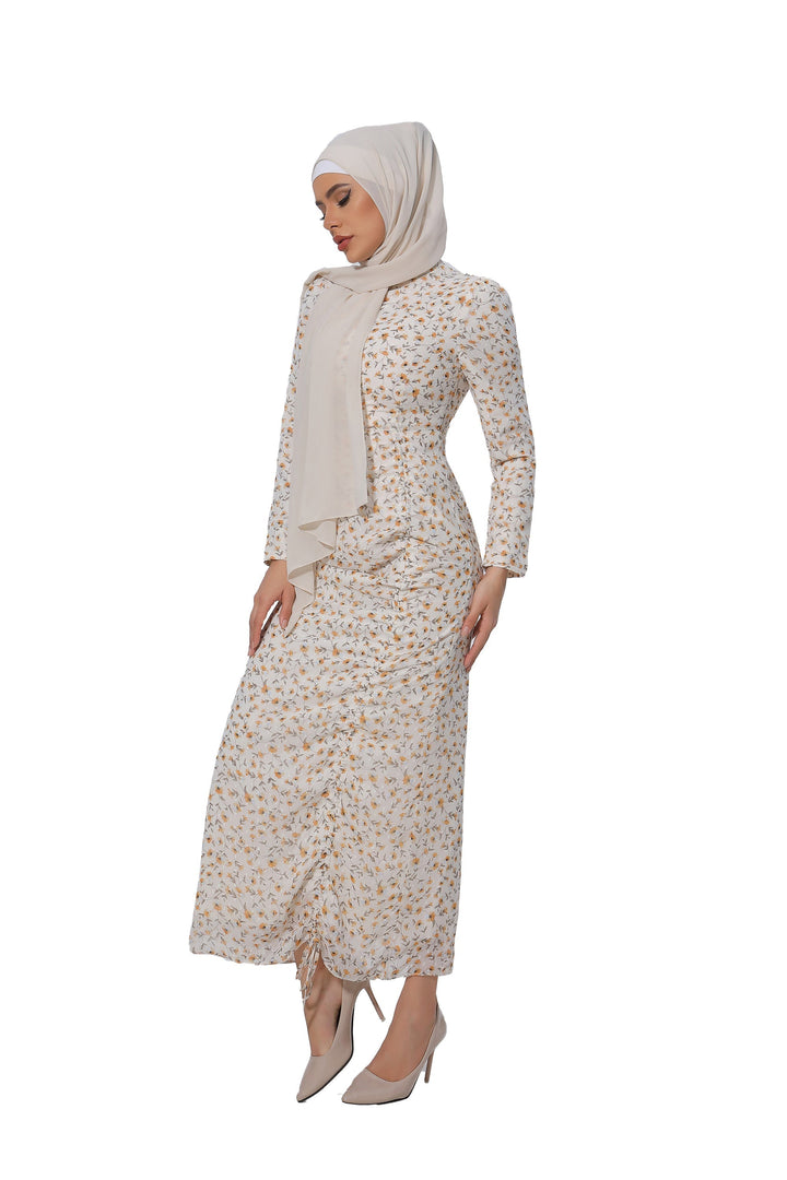Urban Modesty - Hello Yellow Daisy Ruched Floral Long Sleeve Maxi Dress
