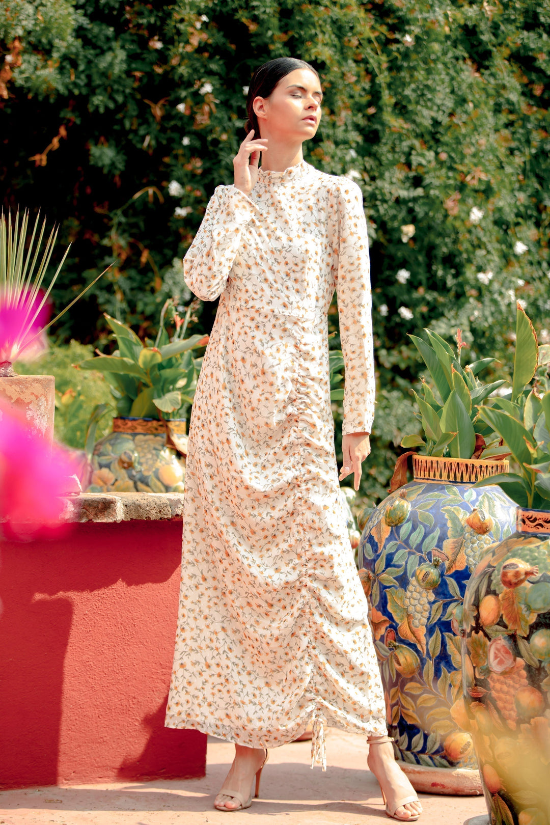 Hello Yellow Daisy Ruched Floral Long Sleeve Maxi Dress-CLEARANCE