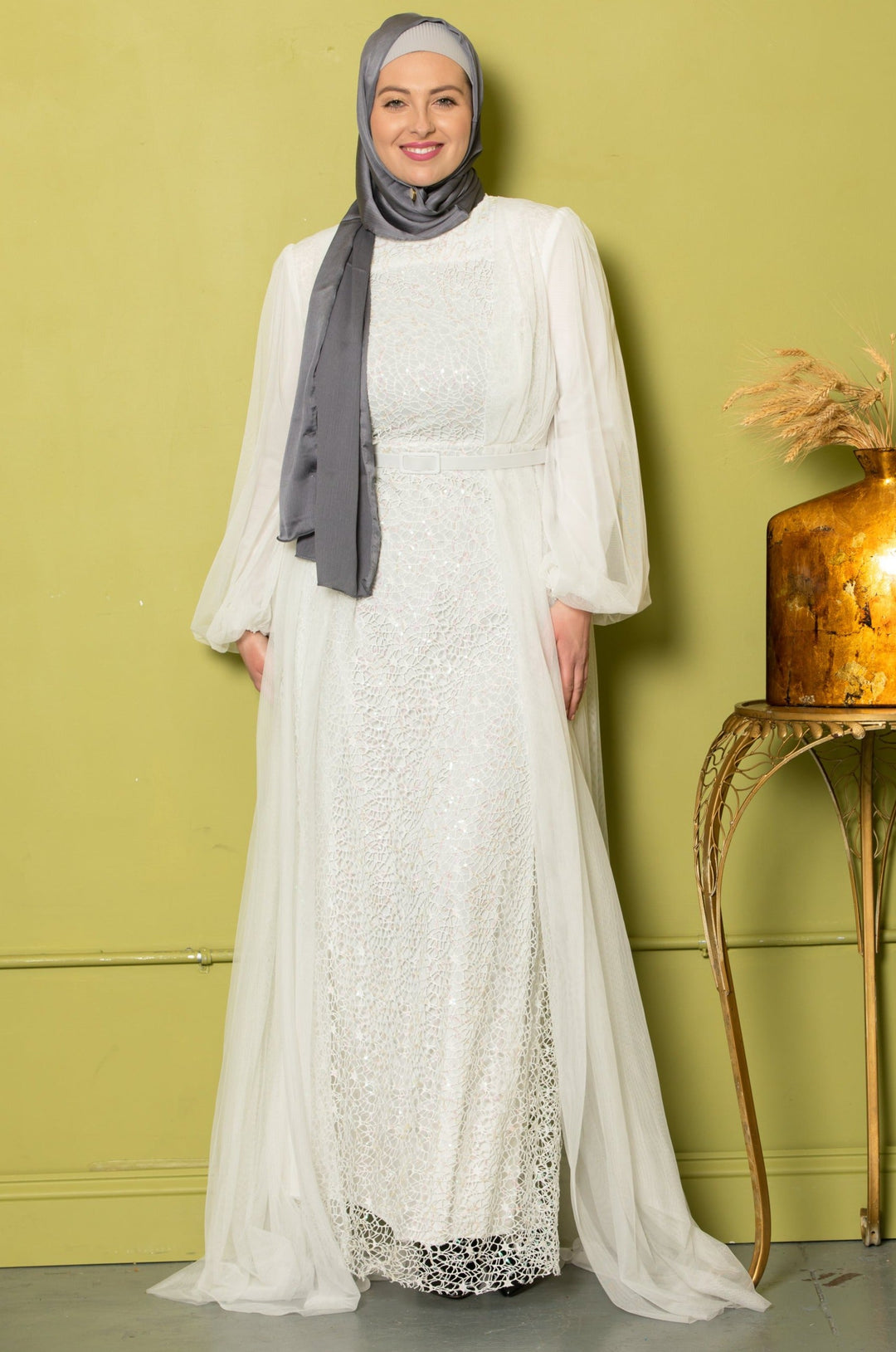 Urban Modesty - Ivory Lace with Chiffon Overlay Gown