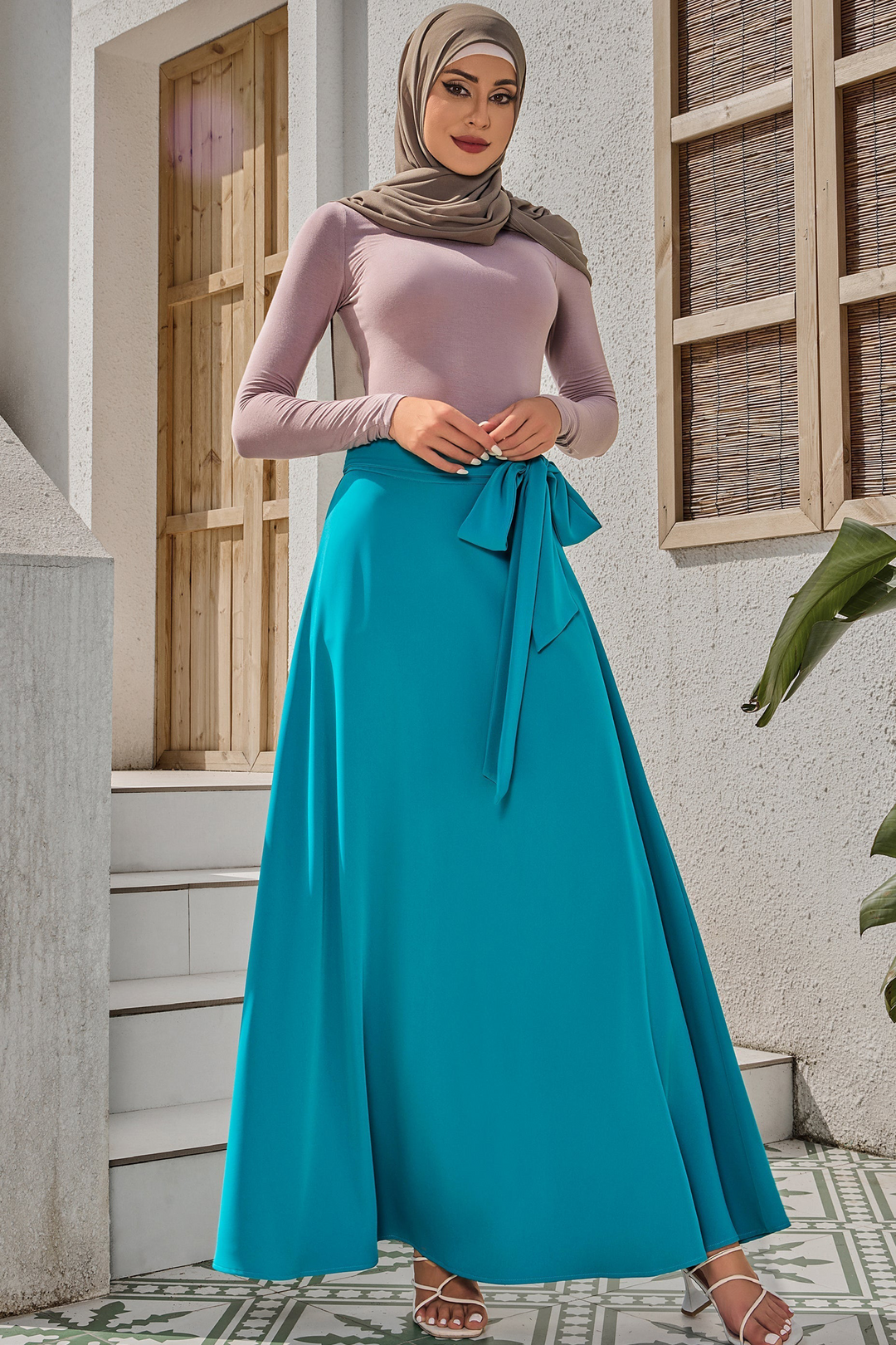 Jade Green Flowy Tie-Belt Maxi Skirt-CLEARANCE