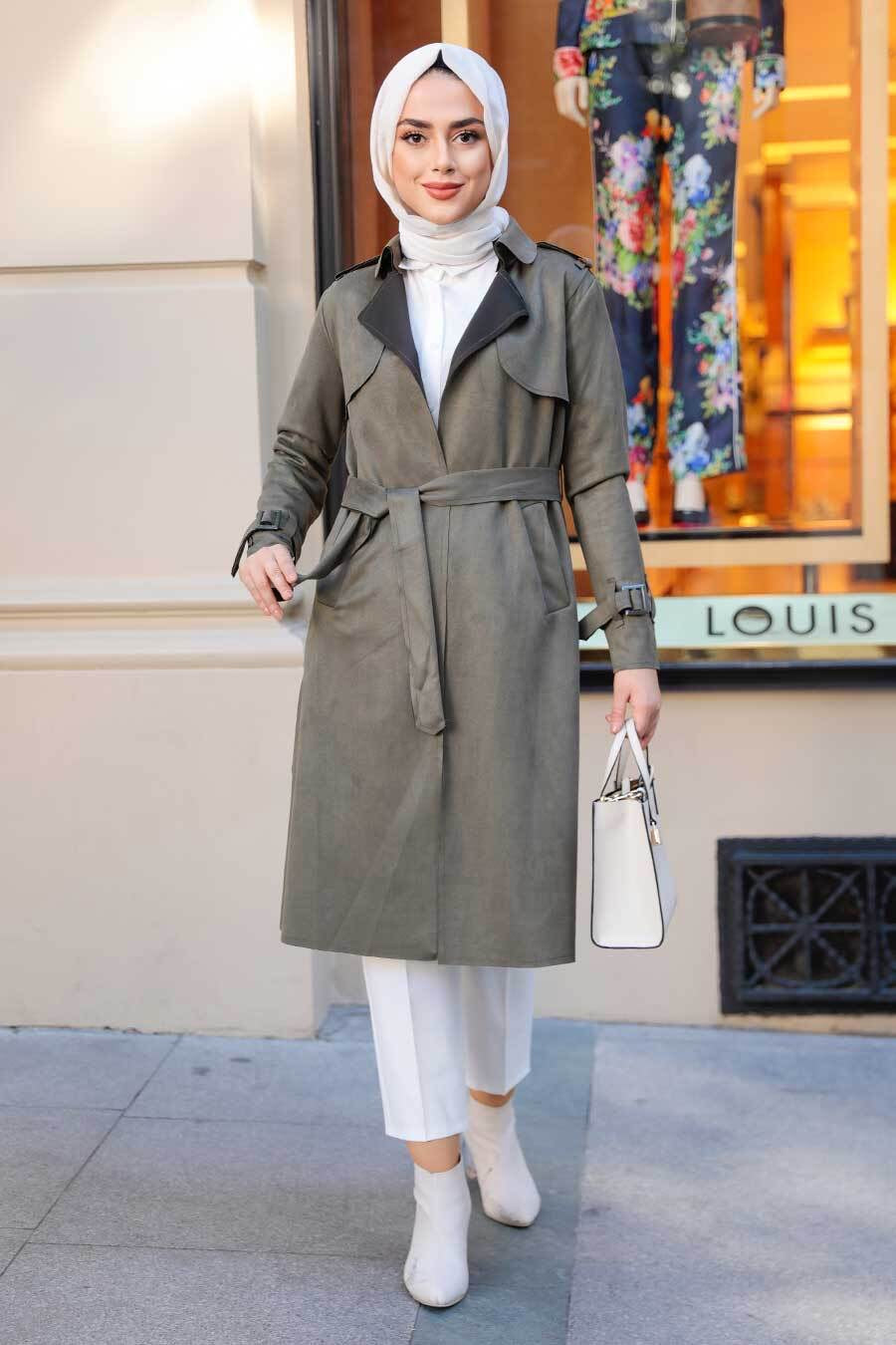 Urban Modesty - Khaki Collared Belted Modest Coat - Clearance