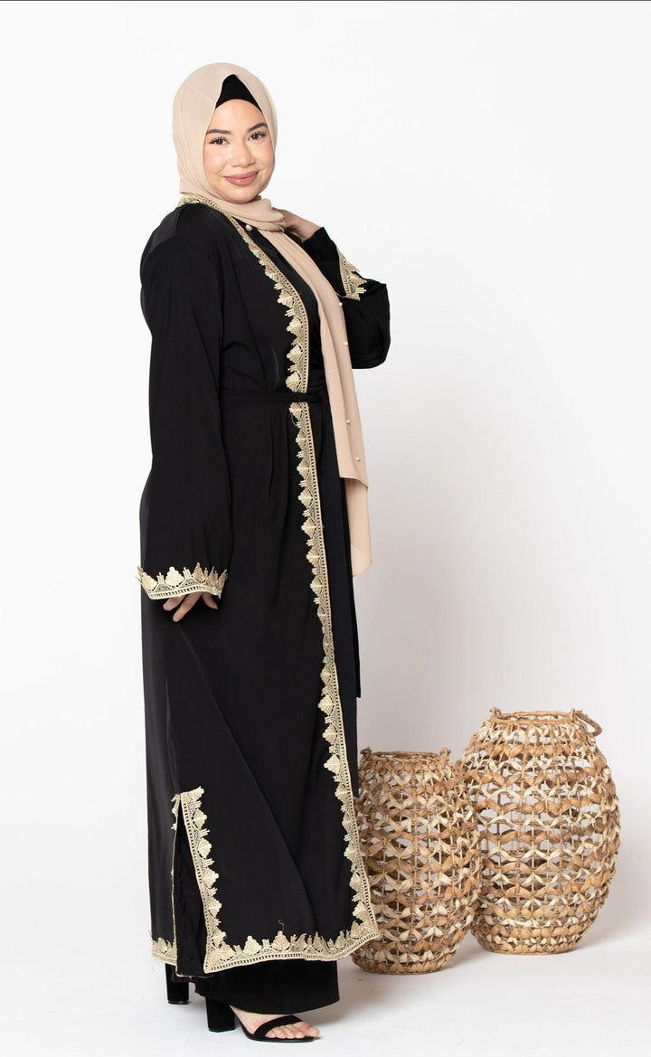 Urban Modesty - Lace Trim Open Front Abaya-CLEARANCE