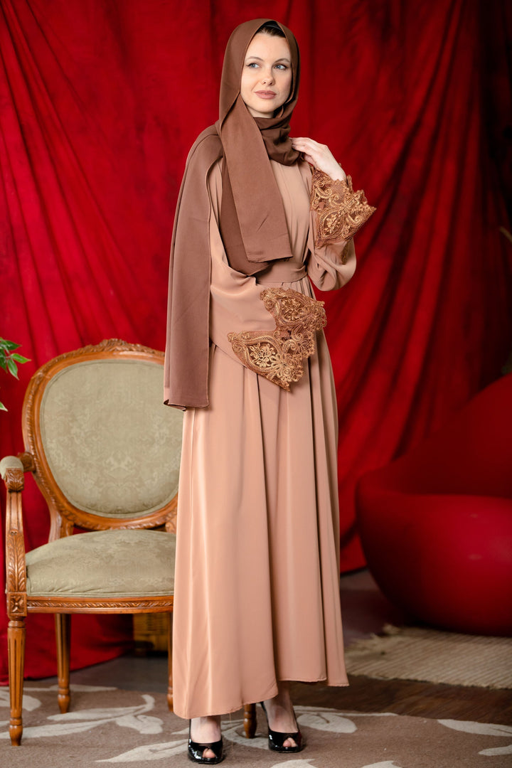 Urban Modesty - Latte Lace Sleeve Front Zipper Abaya Dress