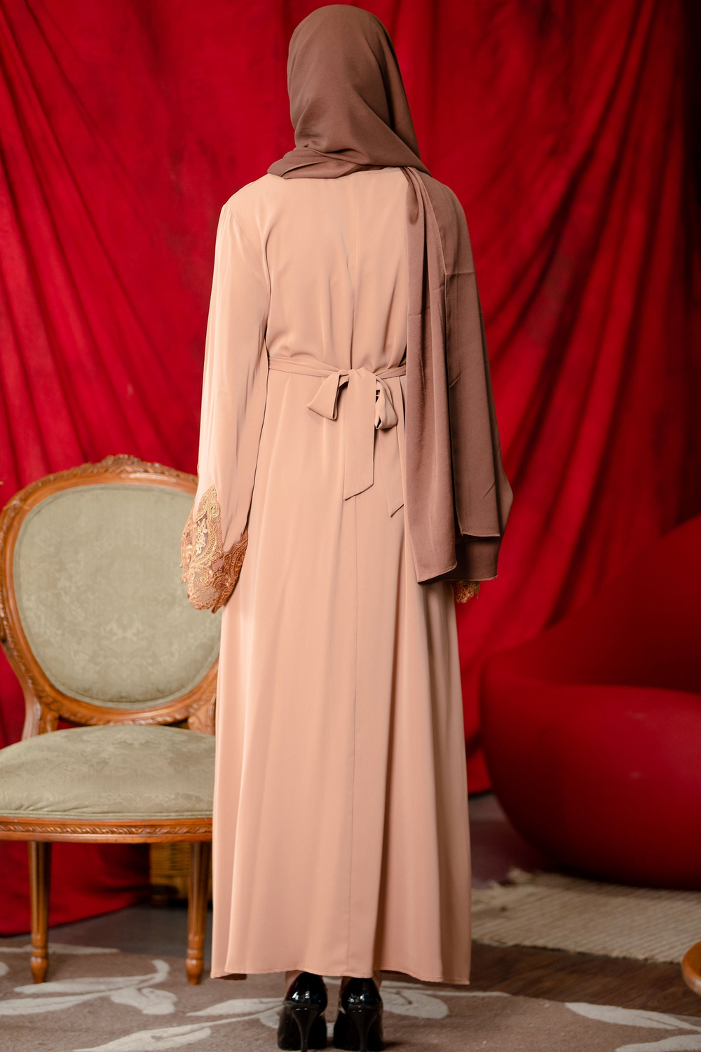 Urban Modesty - Latte Lace Sleeve Front Zipper Abaya Dress-CLEARANCE