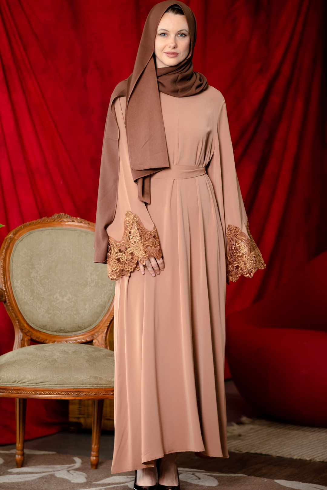Urban Modesty - Latte Lace Sleeve Front Zipper Abaya Dress-CLEARANCE