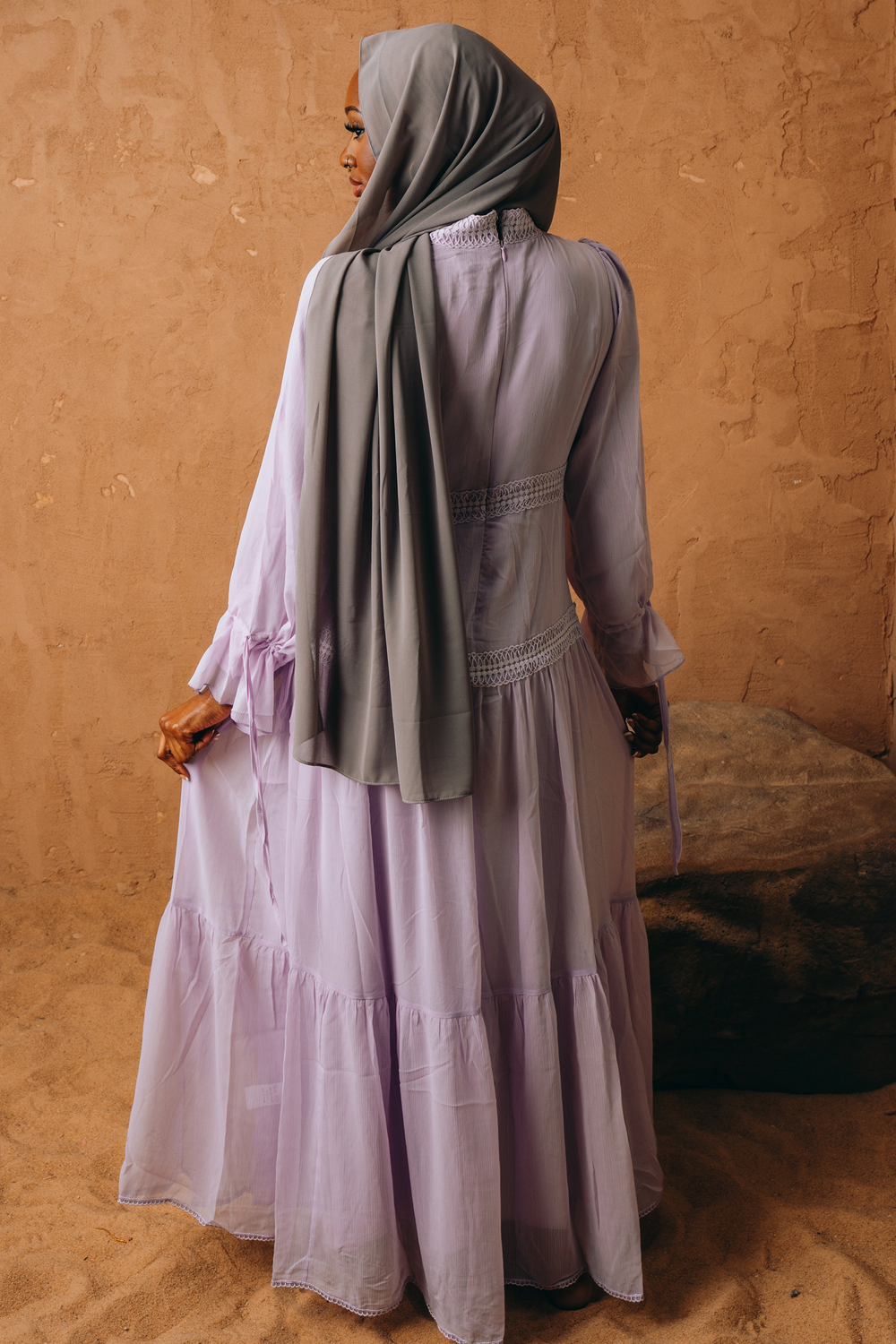 Urban Modesty - Lavender Lace Empire Waist Tiered Maxi Dress