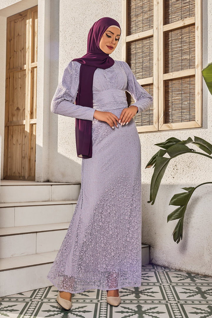 Urban Modesty - Lavender Lace Ruched Waist Long Sleeve Gown
