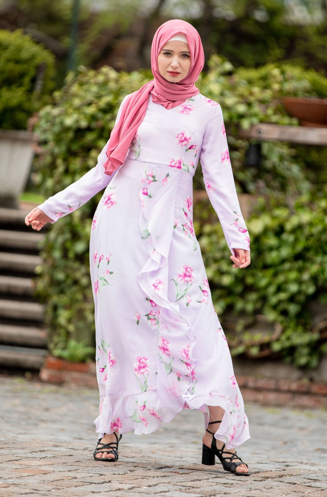 Urban Modesty - Lavender Ruffle Floral Maxi Dress With Sleeves-CLEARANCE