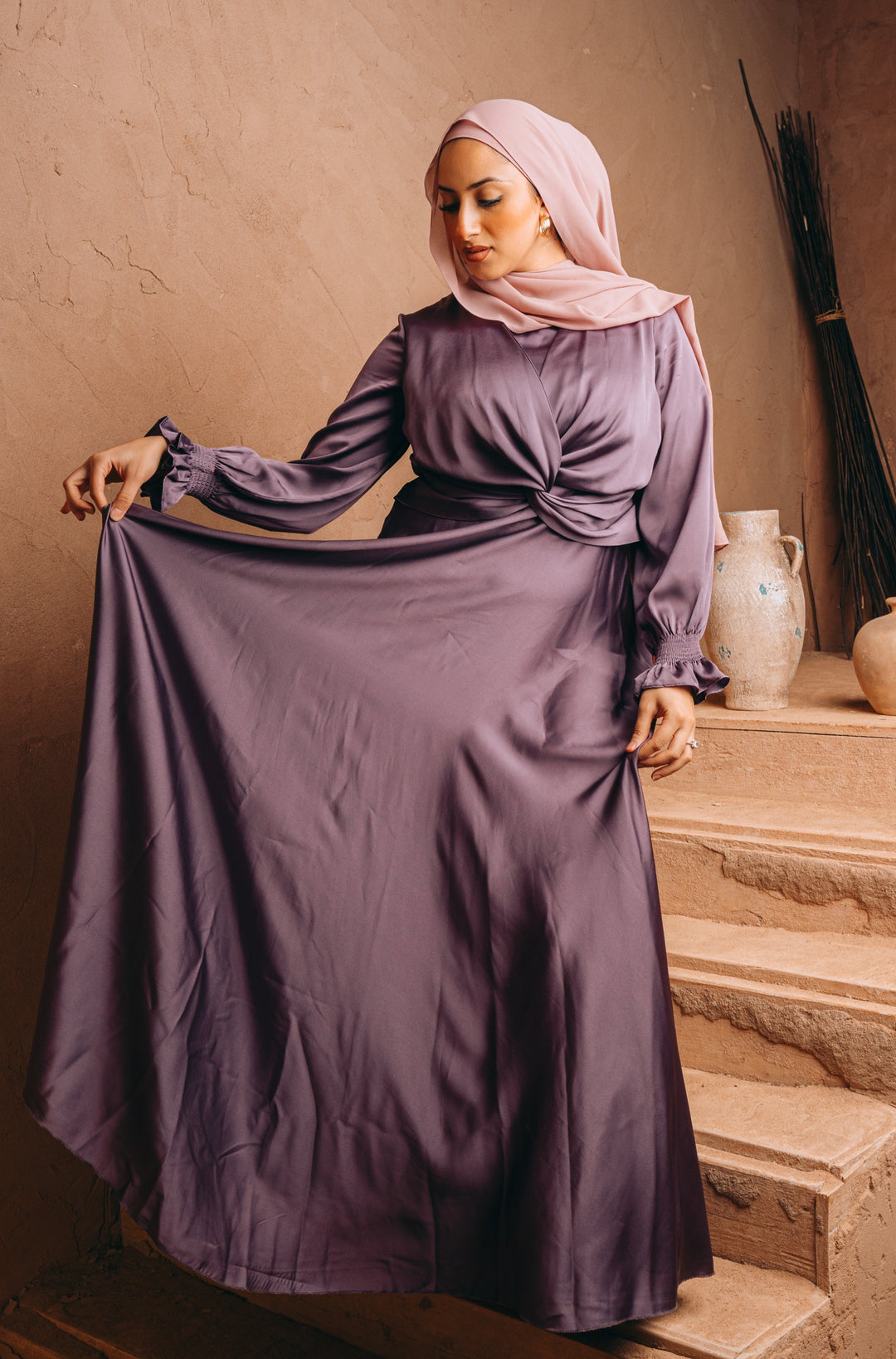 Urban Modesty - Lavender Satin Ruffle Sleeve Gown
