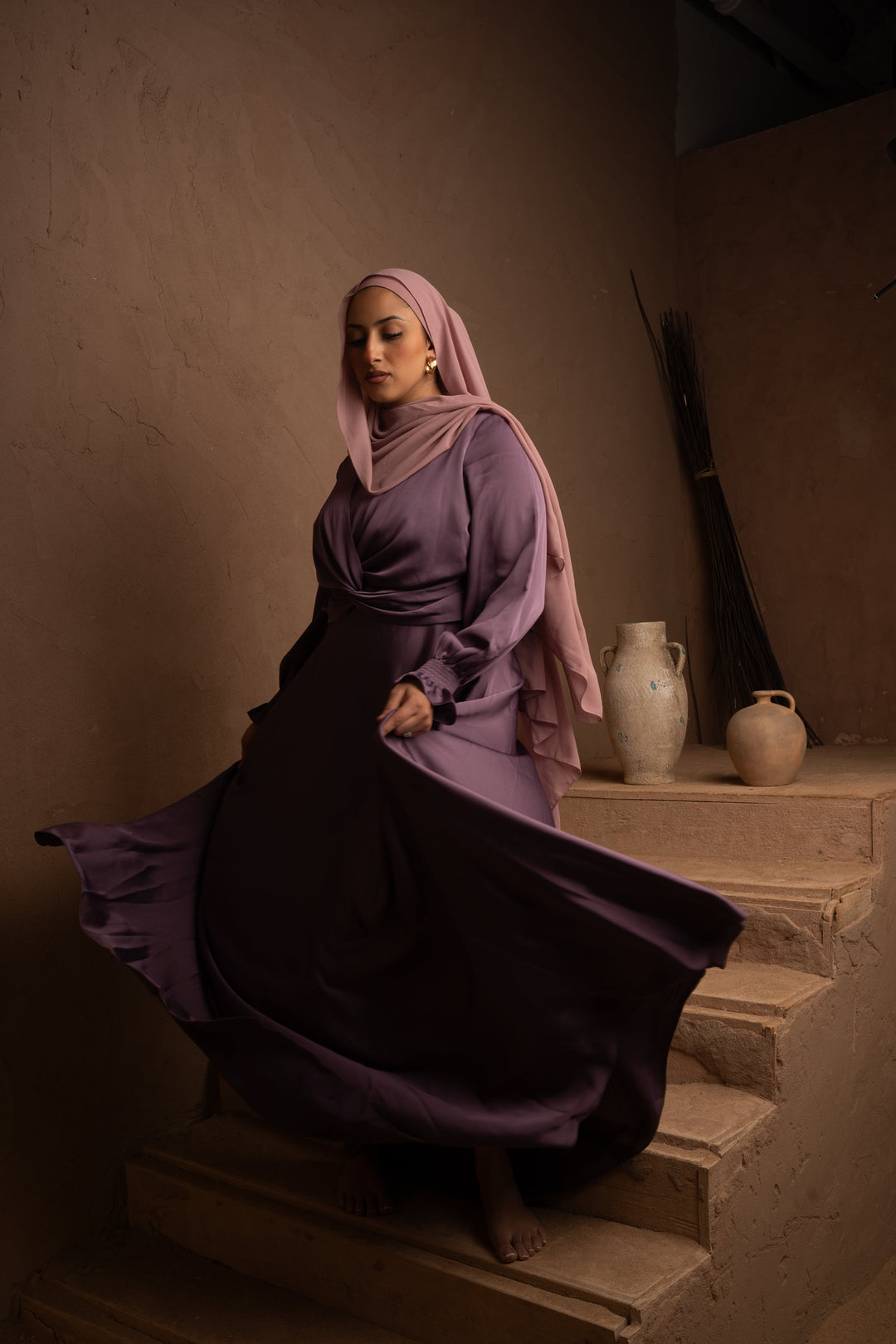 Urban Modesty - Lavender Satin Ruffle Sleeve Gown