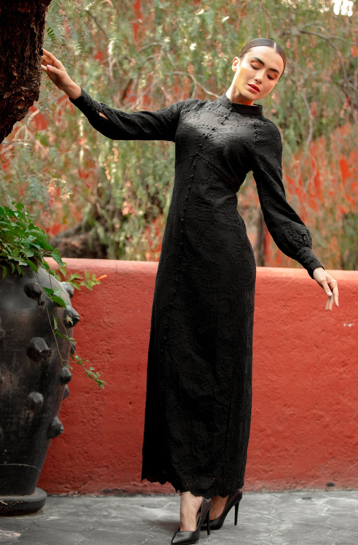 Urban Modesty - Leah Black Eyelet Button-Down Maxi Dress