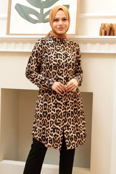 Urban Modesty - Leopard Print Button Down Tunic Top