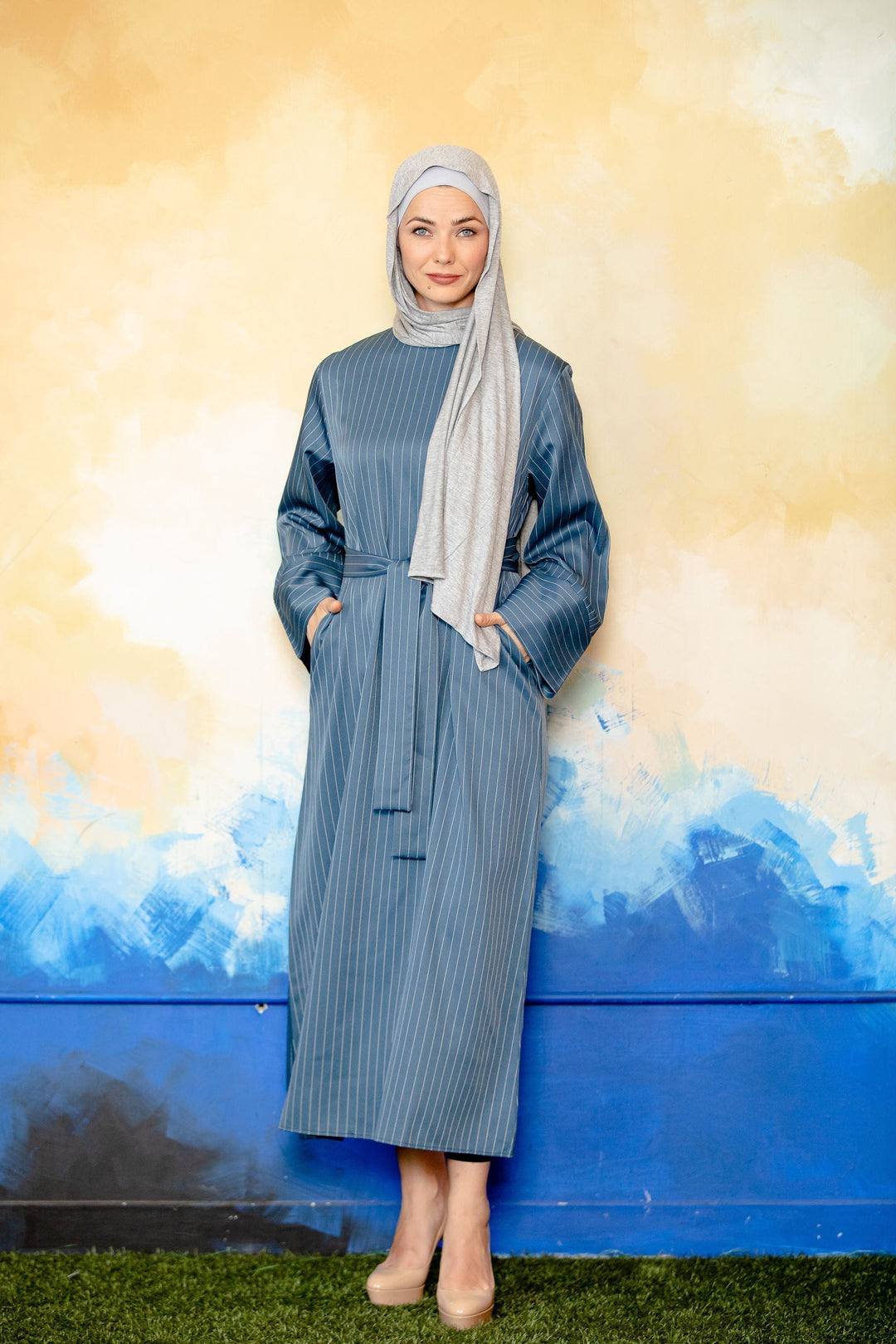 Urban Modesty - Light Blue Pinstripe Kimono Sleeve Abaya-CLEARANCE