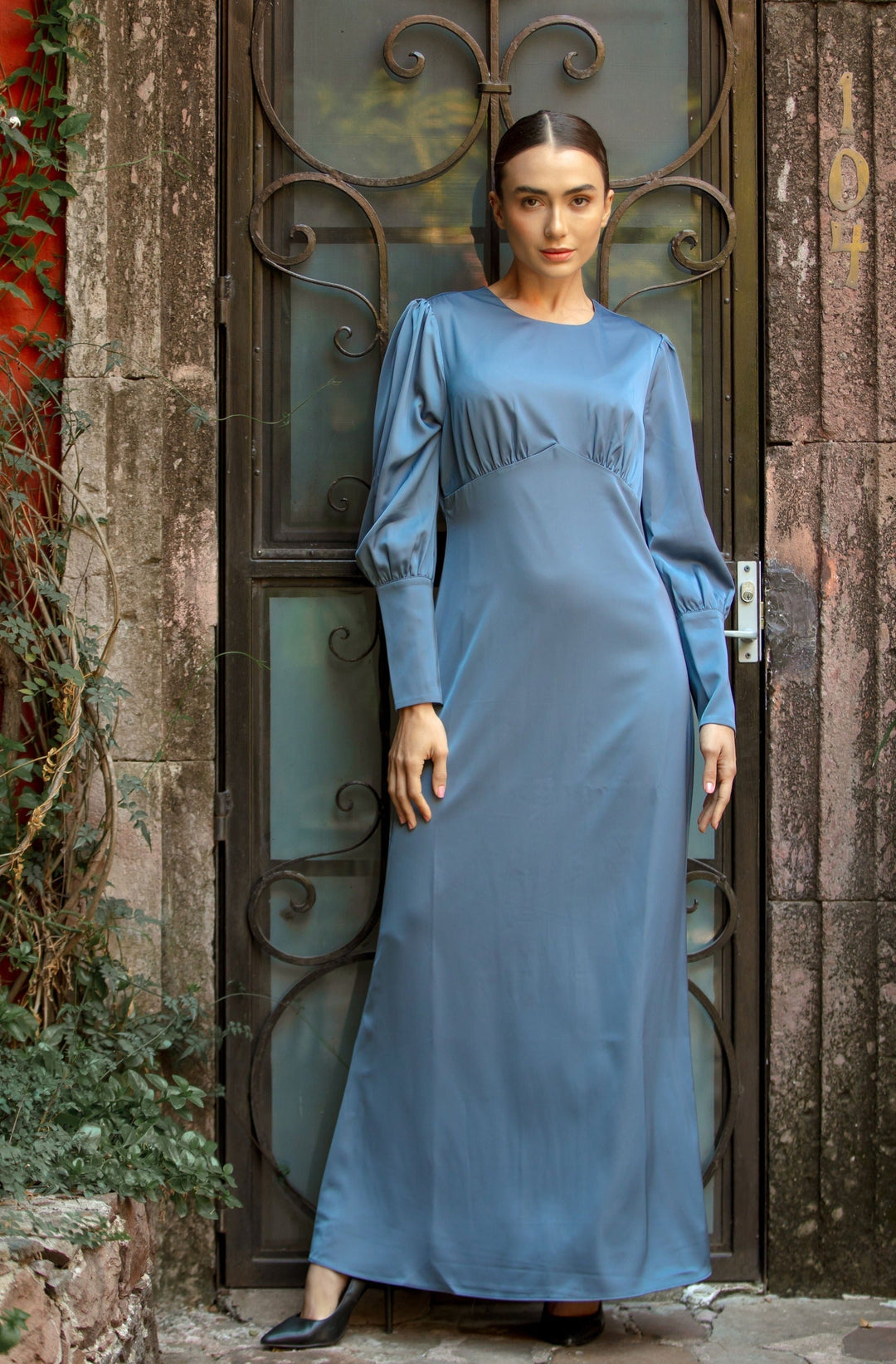 Urban Modesty - Light Blue Satin Long Sleeve Maxi Dress