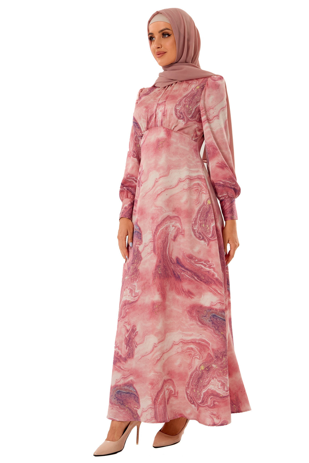 Urban Modesty - Marbled Satin Long Sleeve Maxi Dress (More Color Available)-CLEARANCE