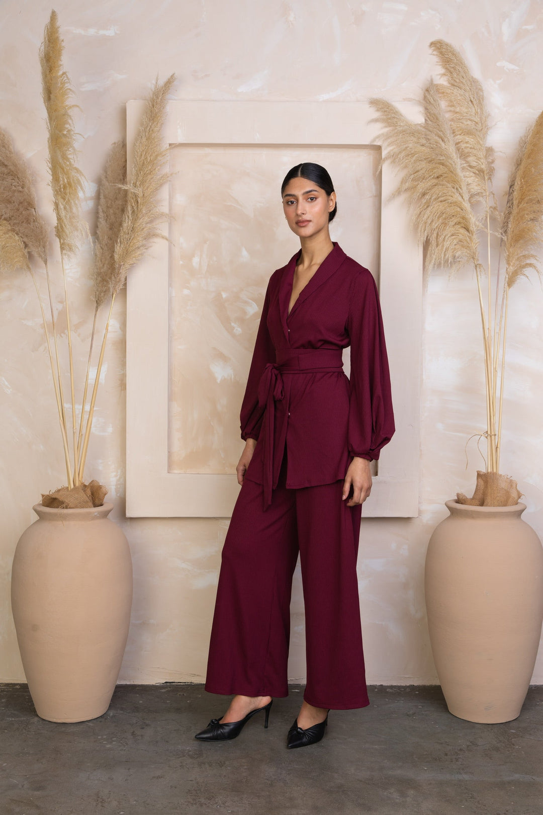 Urban Modesty - Maroon Belted Ribbed Tunic & Pants Set