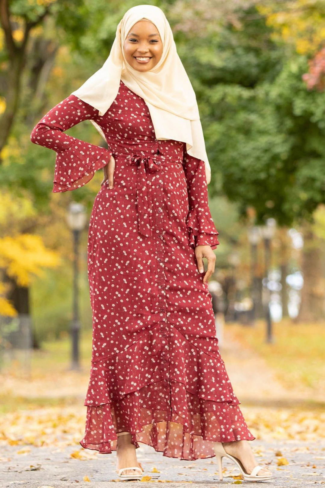 Urban Modesty - Maroon Daisy Button Down Maxi Dress-CLEARANCE