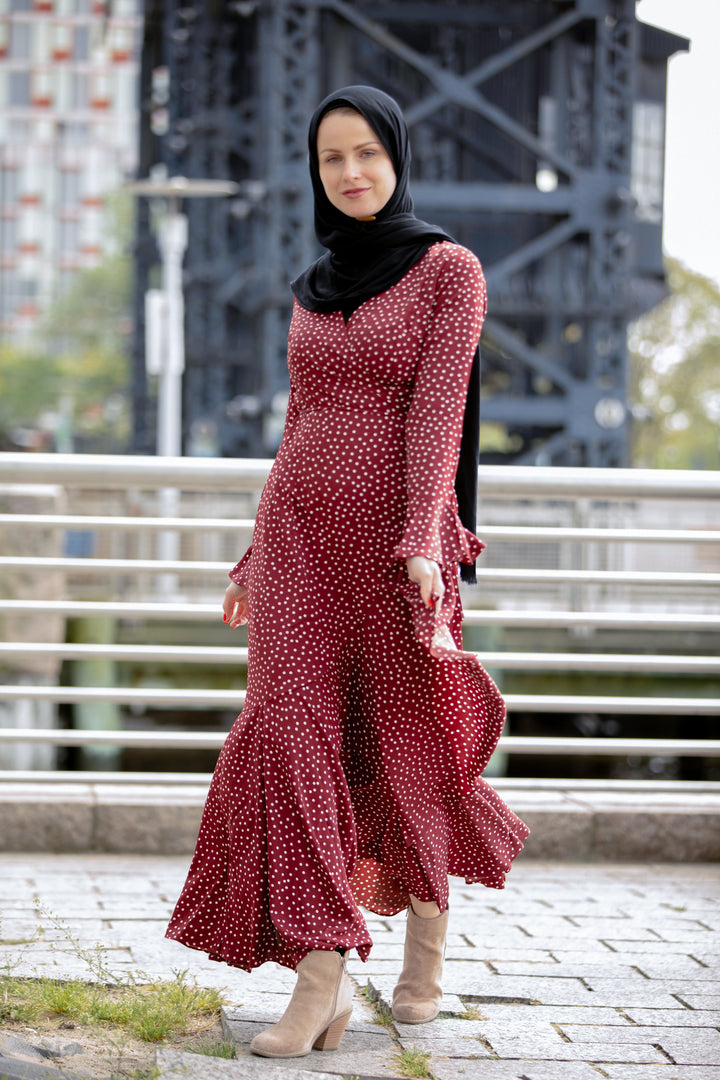 Urban Modesty - Maroon Dots Ruffle Wrap Maxi Dress-CLEARANCE