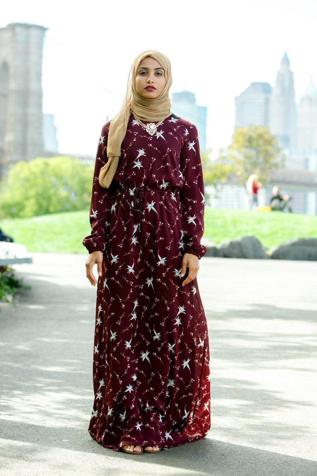 Urban Modesty - Maroon Floral Drawstring Maxi Dress