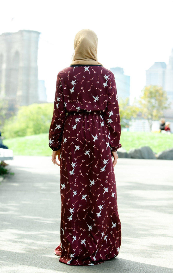 Urban Modesty - Maroon Floral Drawstring Maxi Dress