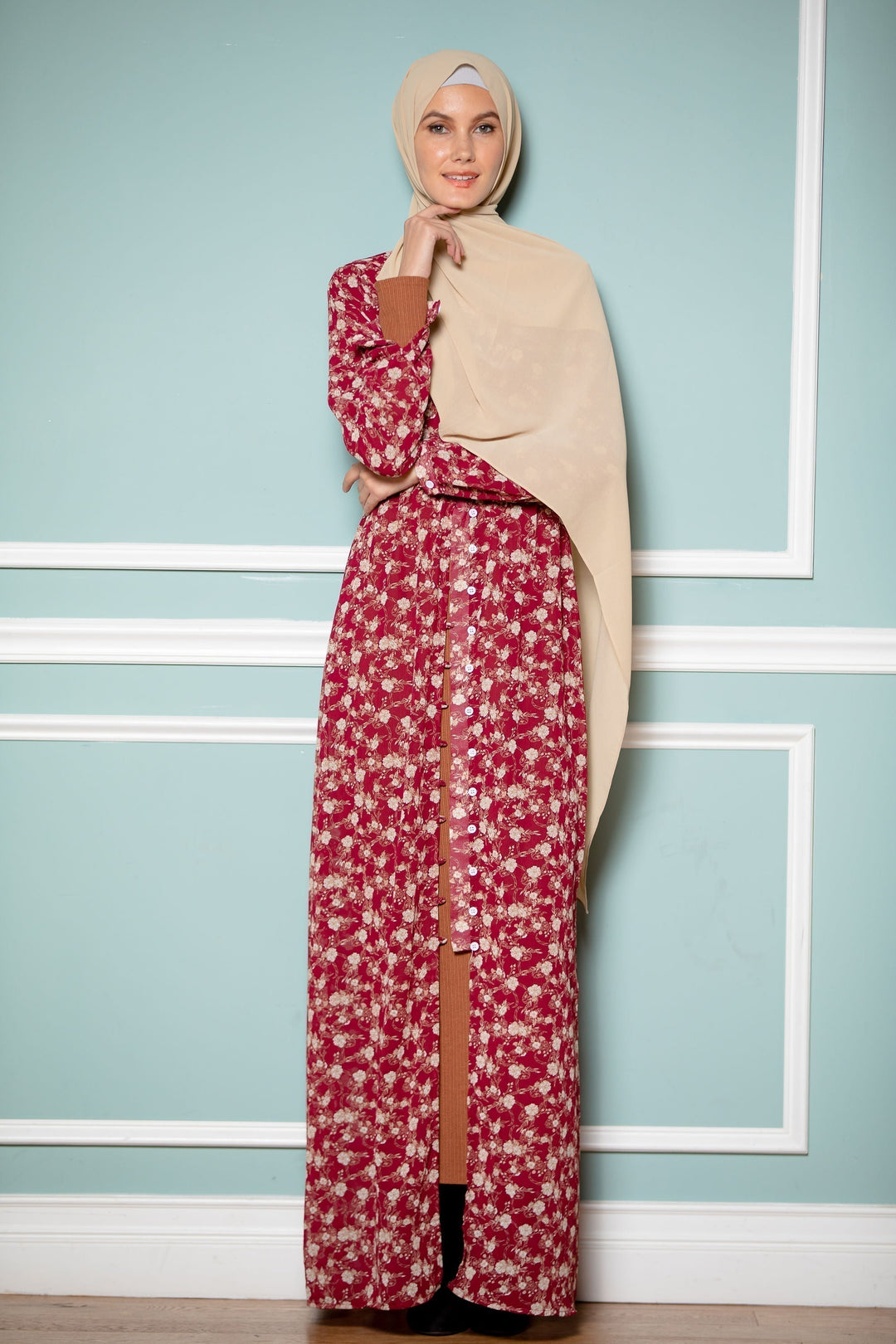 Urban Modesty - Maroon Floral Sheer Maxi Cardigan