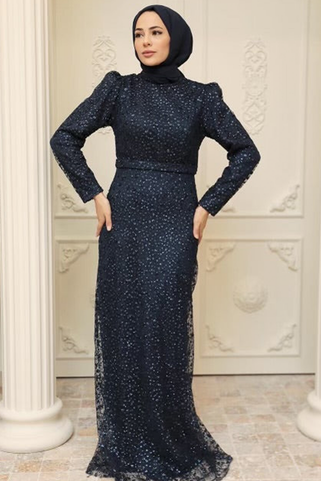 Urban Modesty - Midnight Sequin Puff Sleeves Mermaid Gown - Clearance