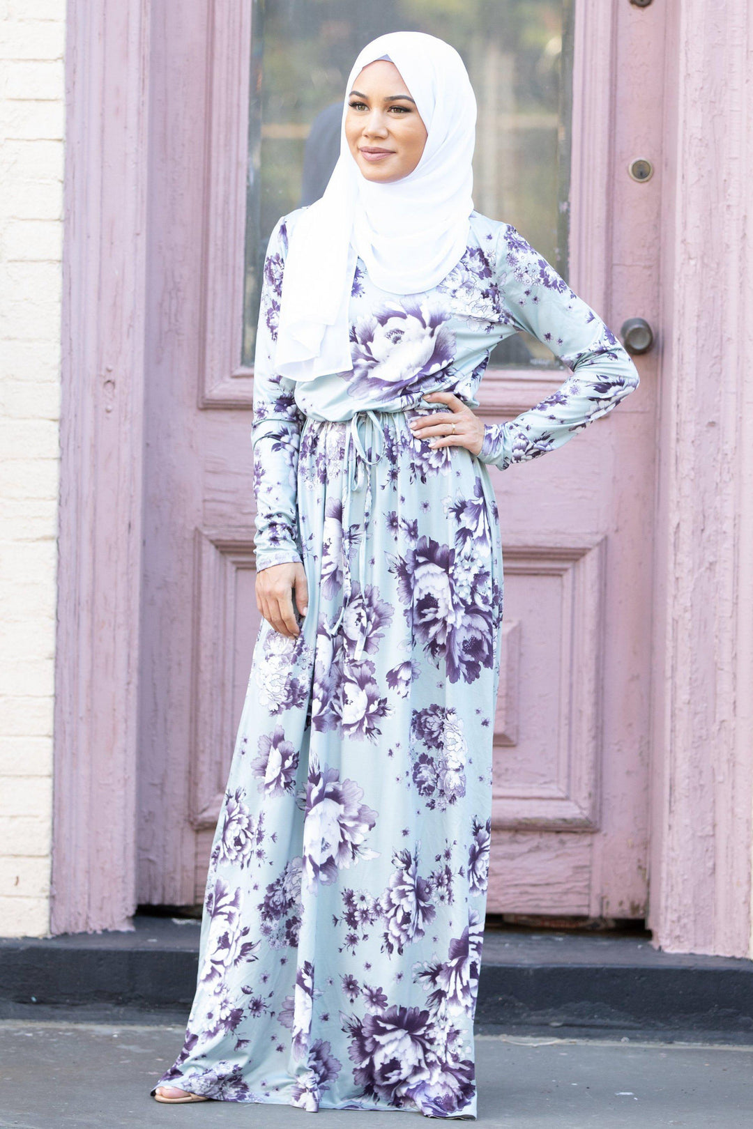 Urban Modesty - Mint Floral Drawstring Long Sleeve Maxi Dress