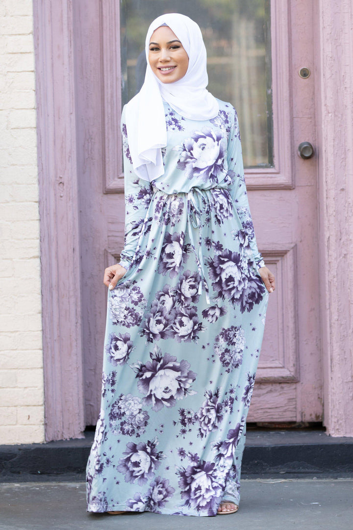 Mint Floral Drawstring Long Sleeve Maxi Dress-CLEARANCE