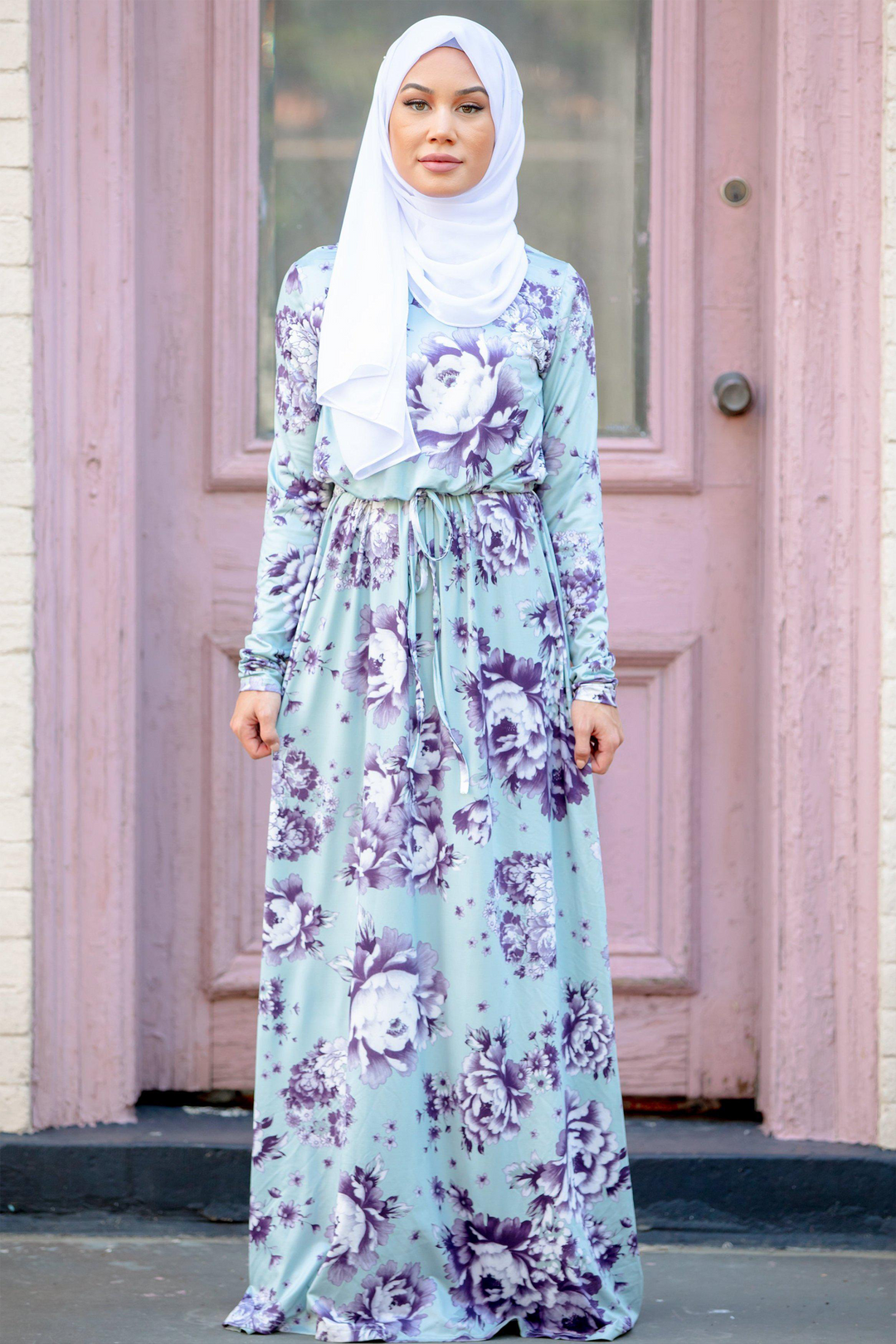 Mint Floral Drawstring Long Sleeve Maxi Dress-CLEARANCE