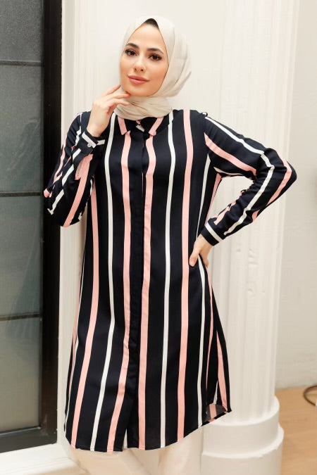 Urban Modesty - Navy and Coral Striped Button Down Tunic Top-CLEARANCE