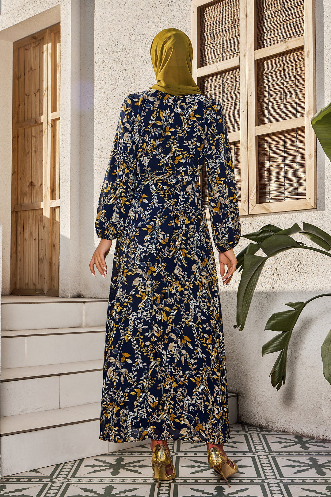 Urban Modesty - Navy and Cream Criss Cross Floral Maxi Dress