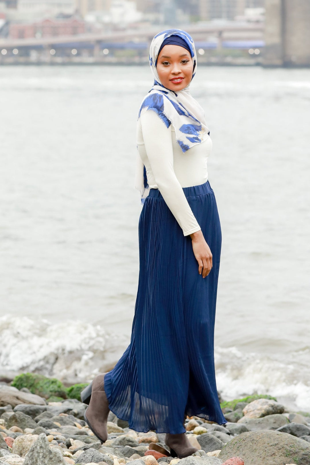 Urban Modesty - Navy Blue Pleated Chiffon Maxi Skirt
