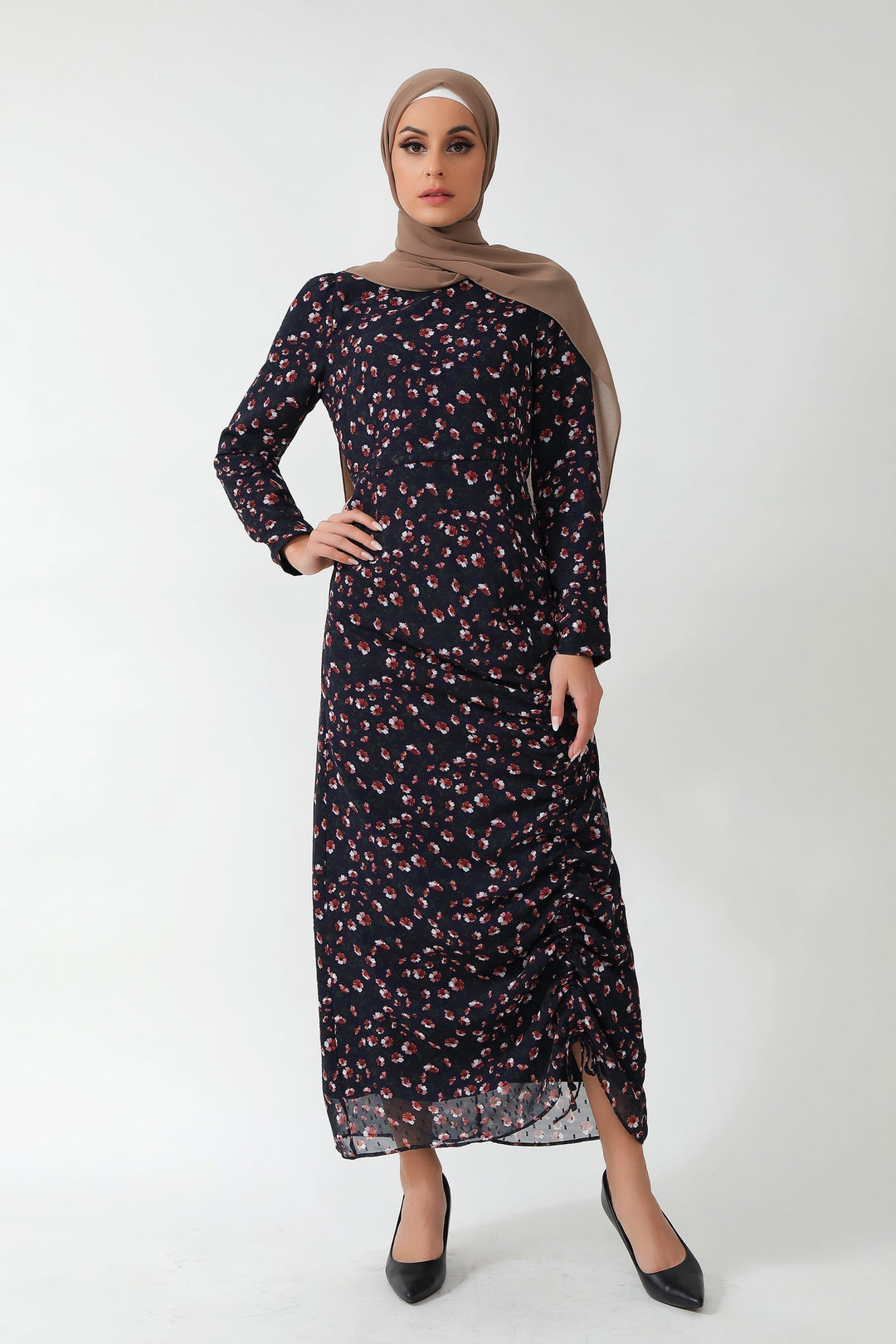 Urban Modesty - Navy Floral Ruched Maxi Dress