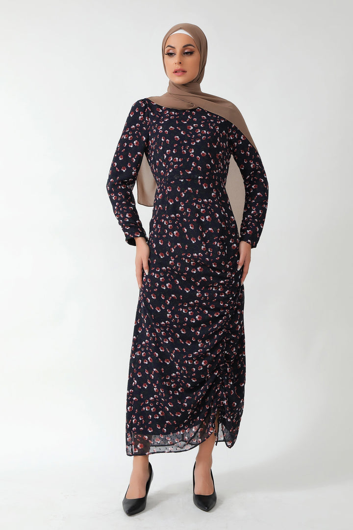 Navy Floral Ruched Maxi Dress