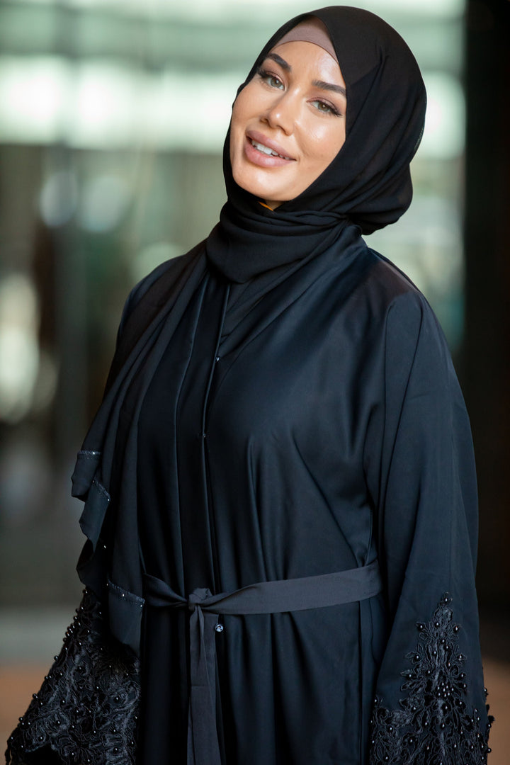 Nawal Black Lace and Pearls Open Front Abaya