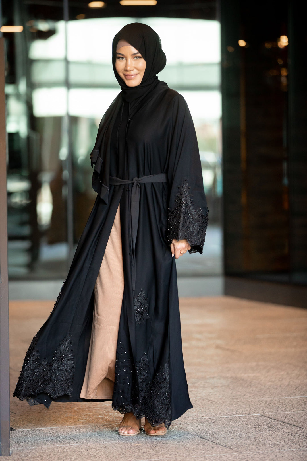 Urban Modesty - Nawal Black Lace and Pearls Open Front Abaya