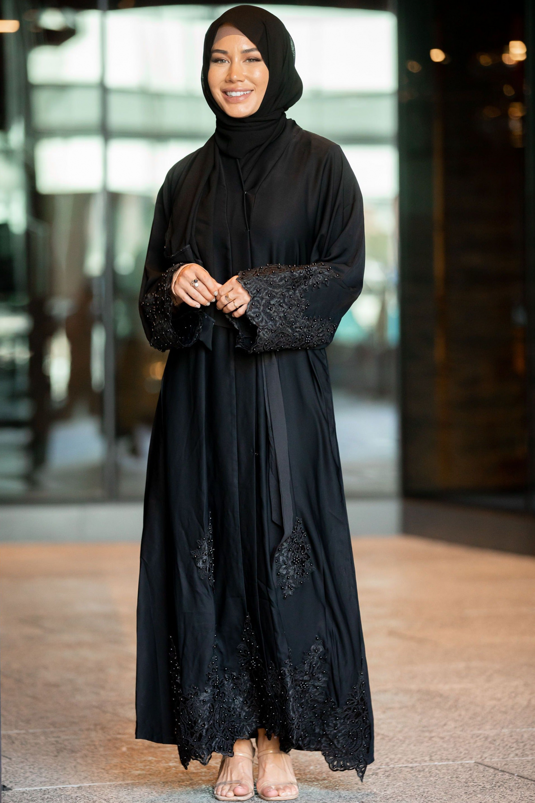 Urban Modesty - Nawal Black Lace and Pearls Open Front Abaya