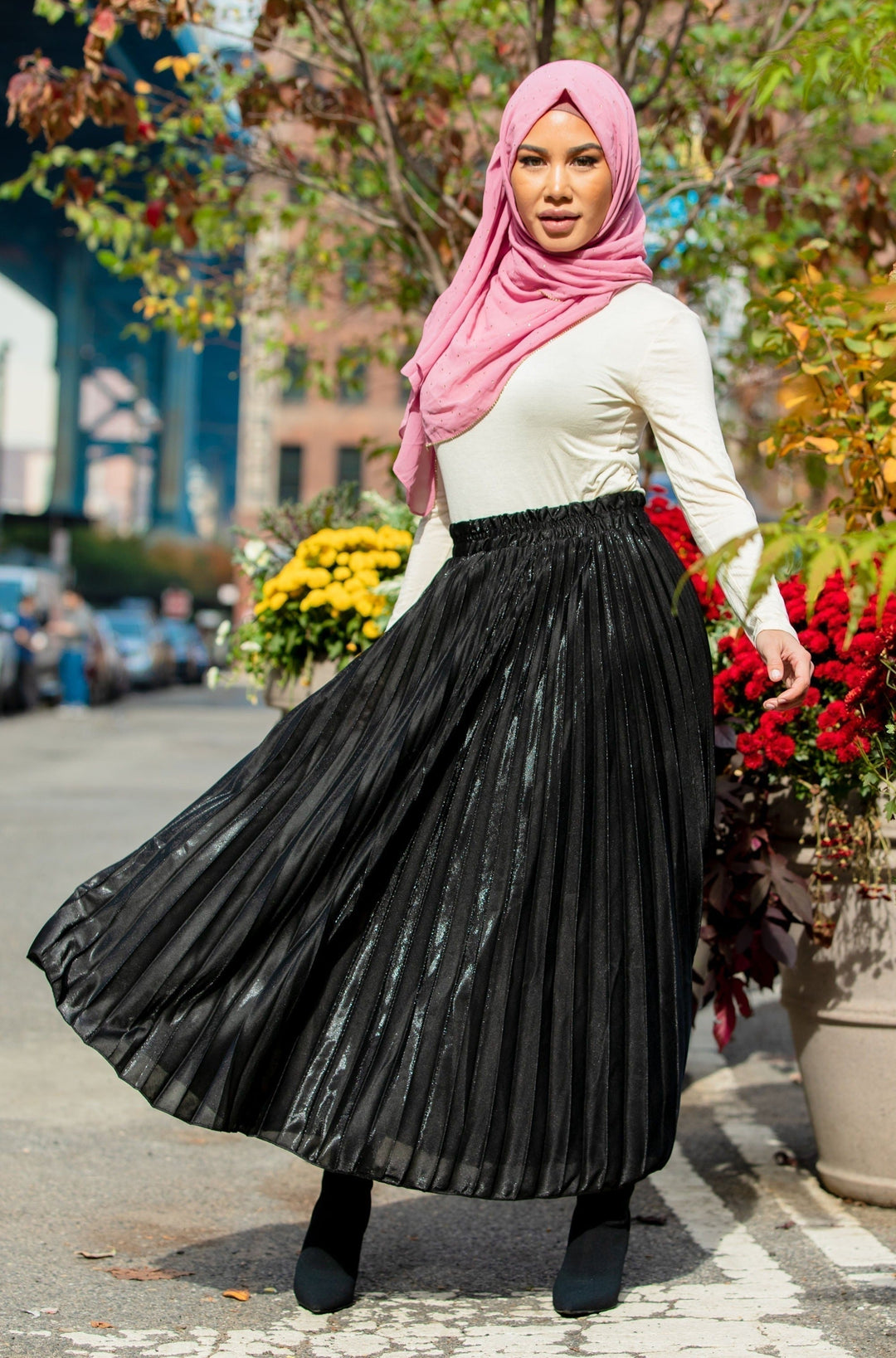 Urban Modesty - Noir Metallic Pleated Chiffon Maxi Skirt-CLEARANCE