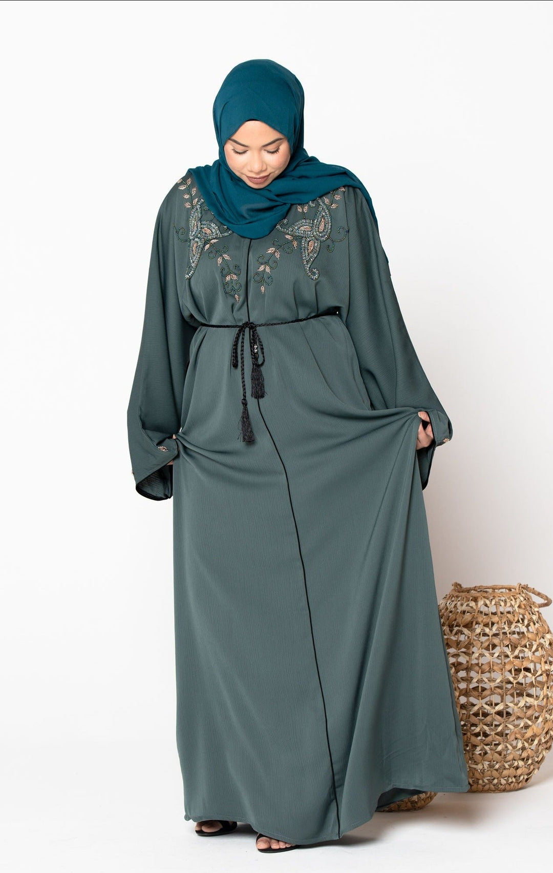Urban Modesty - Olive Beaded Open Front Abaya-CLEARANCE