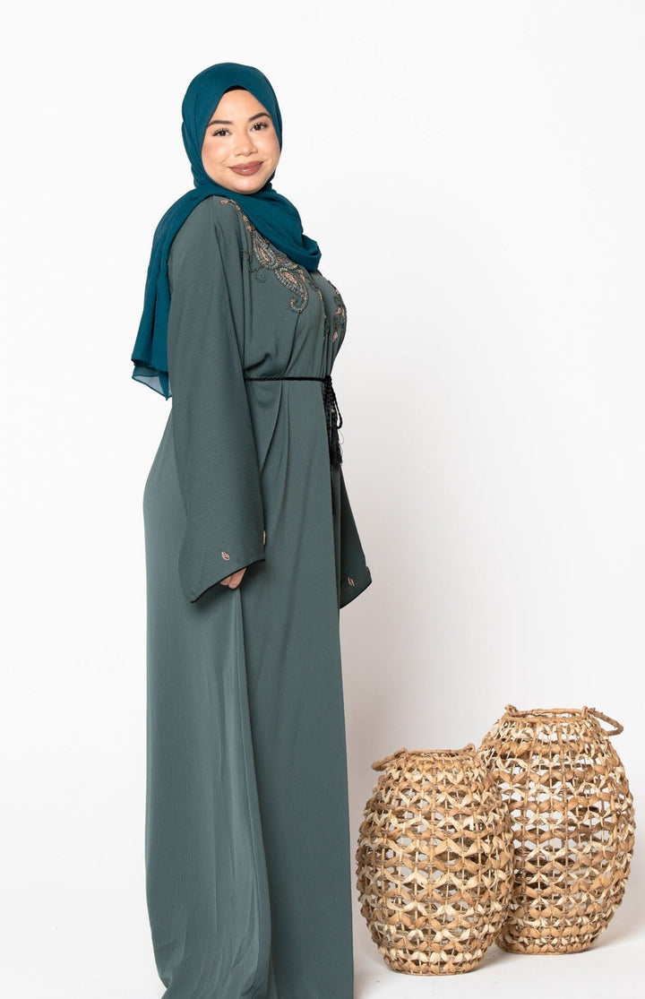 Urban Modesty - Olive Beaded Open Front Abaya-CLEARANCE
