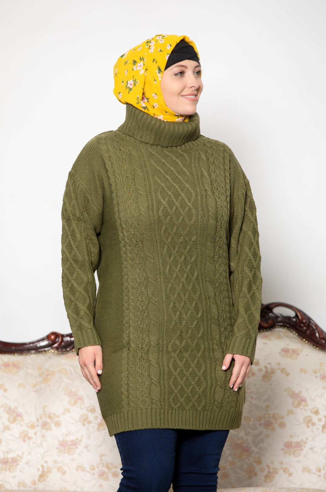 Urban Modesty - Olive Green Cable Turtleneck Sweater-CLEARANCE