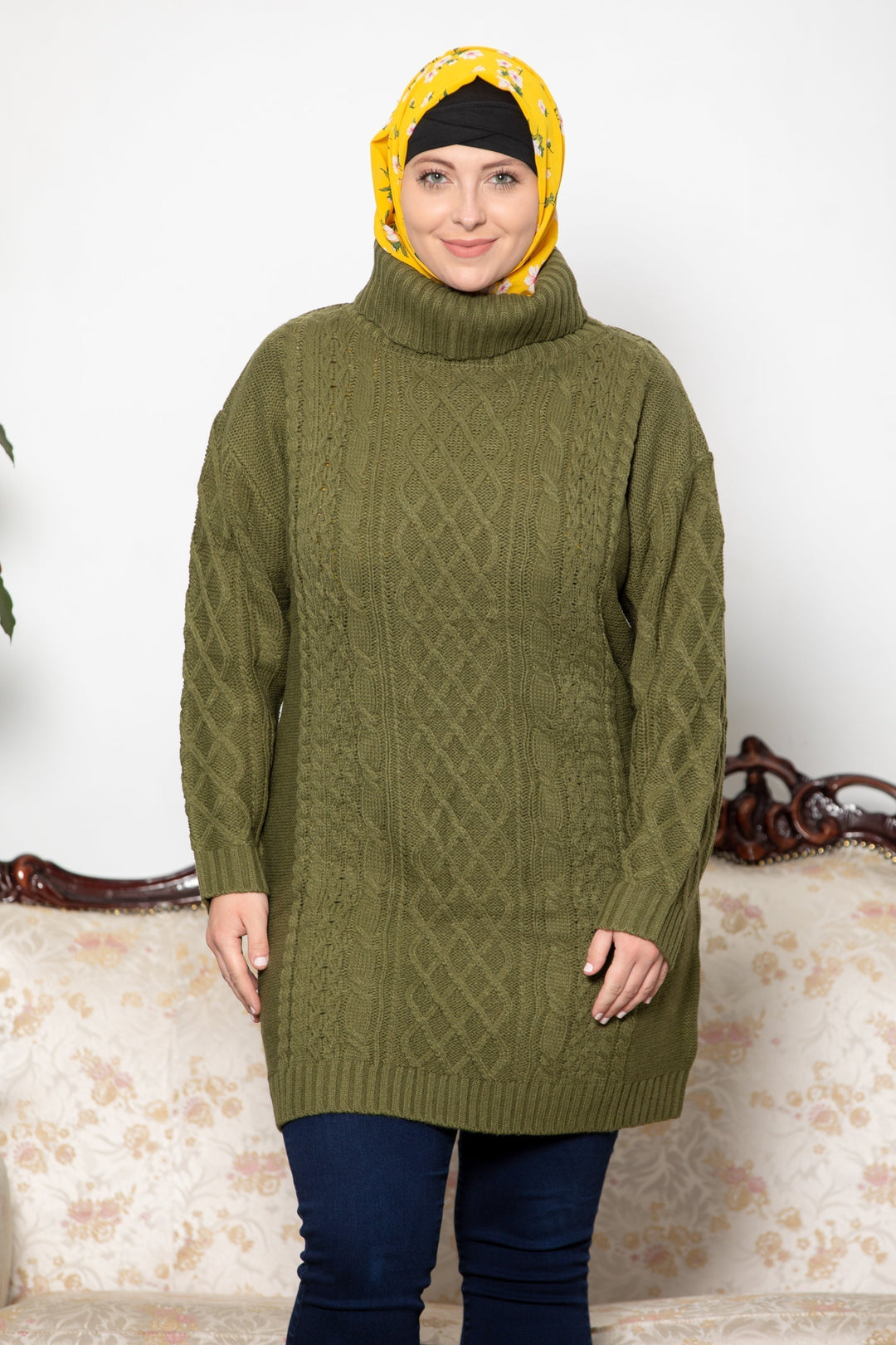 Urban Modesty - Olive Green Cable Turtleneck Sweater-CLEARANCE