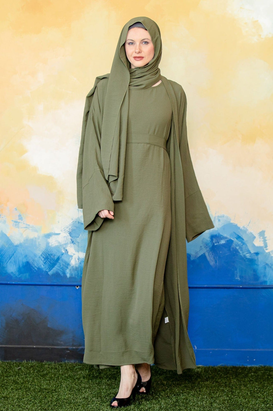 Urban Modesty - Olive Green Four Piece Open Abaya Set-CLEARANCE