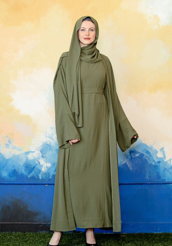 Urban Modesty - Olive Green Four Piece Open Abaya Set-CLEARANCE