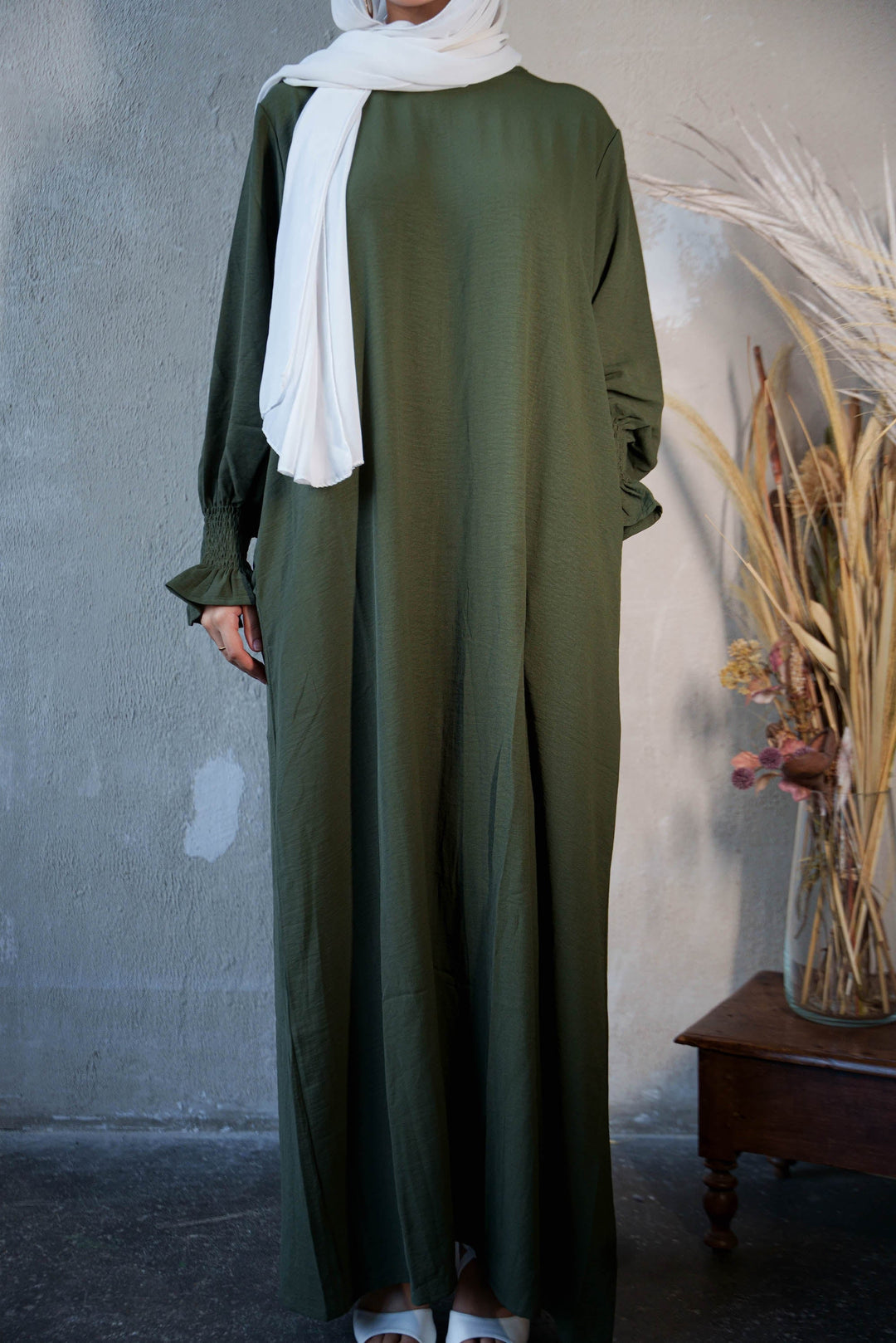 Urban Modesty - Olive Green Ruched Cuff Bell Sleeves Abaya Maxi Dress